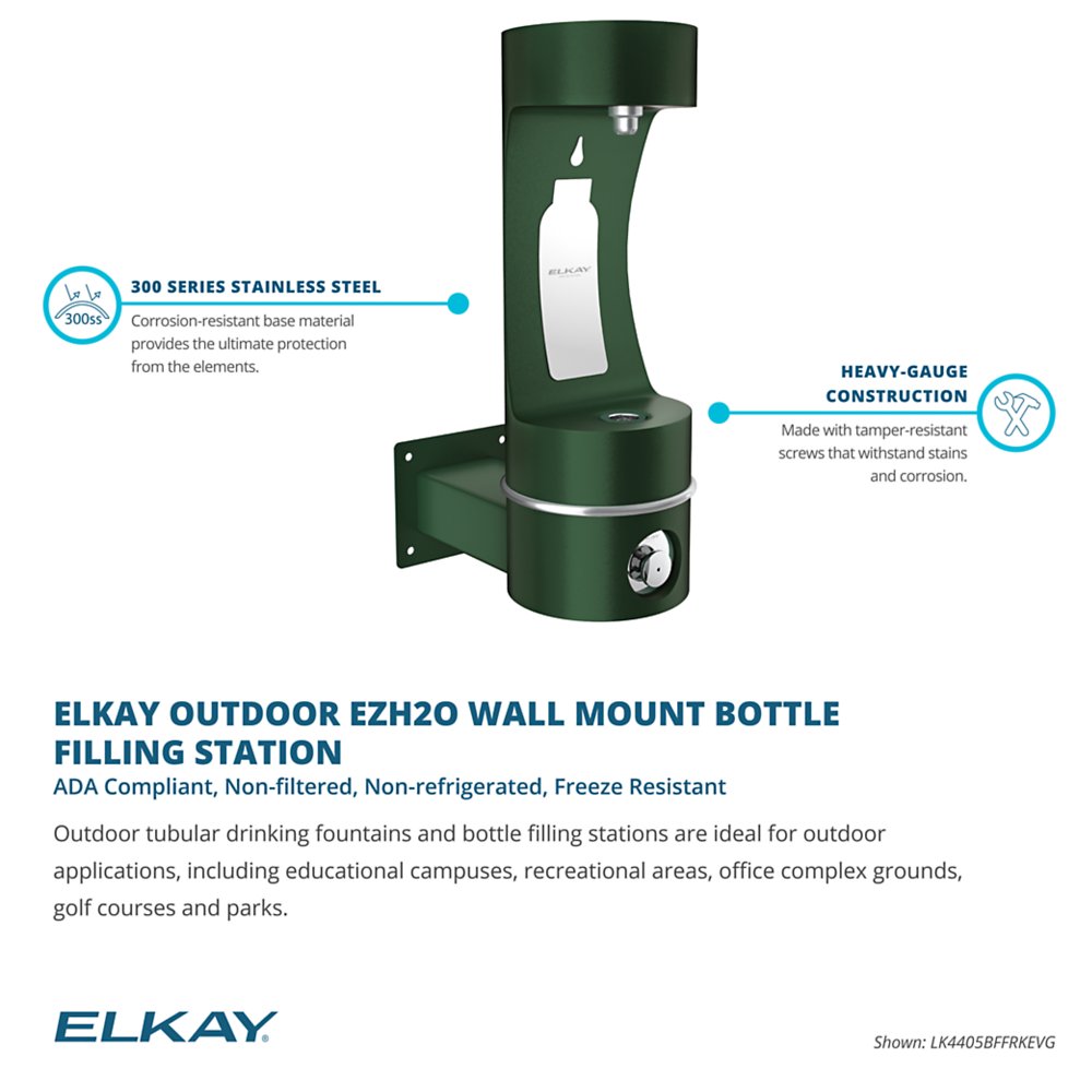 LK4405BFEVG | Elkay Outdoor ezH2O® Single Arm Bottle Filling Station Wall Mount Non-Filtered Non-Refrigerated Evergreen