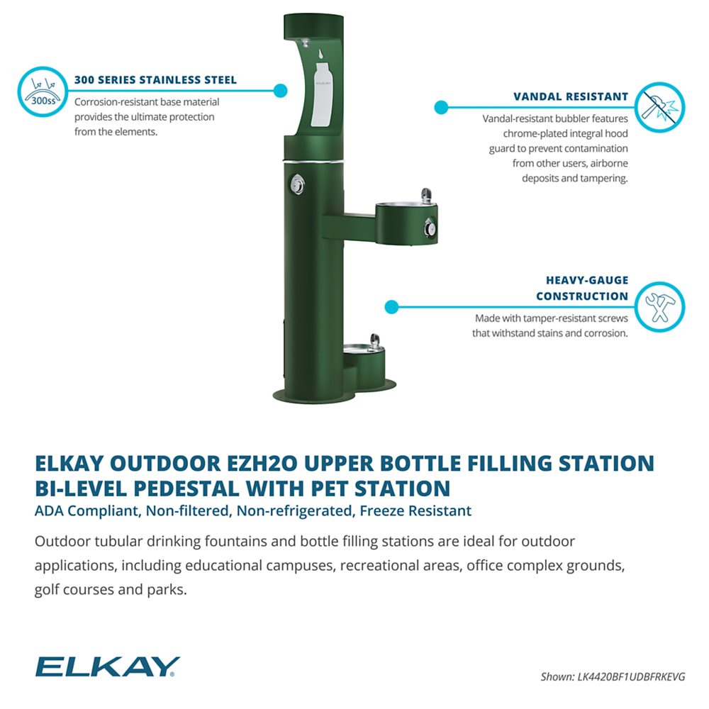 LK4420BF1UDBEVG | Elkay Outdoor ezH2O® Upper Bottle Filling Station Bi-Level Pedestal with Pet Station Non-Filtered Non-Refrigerated Evergreen