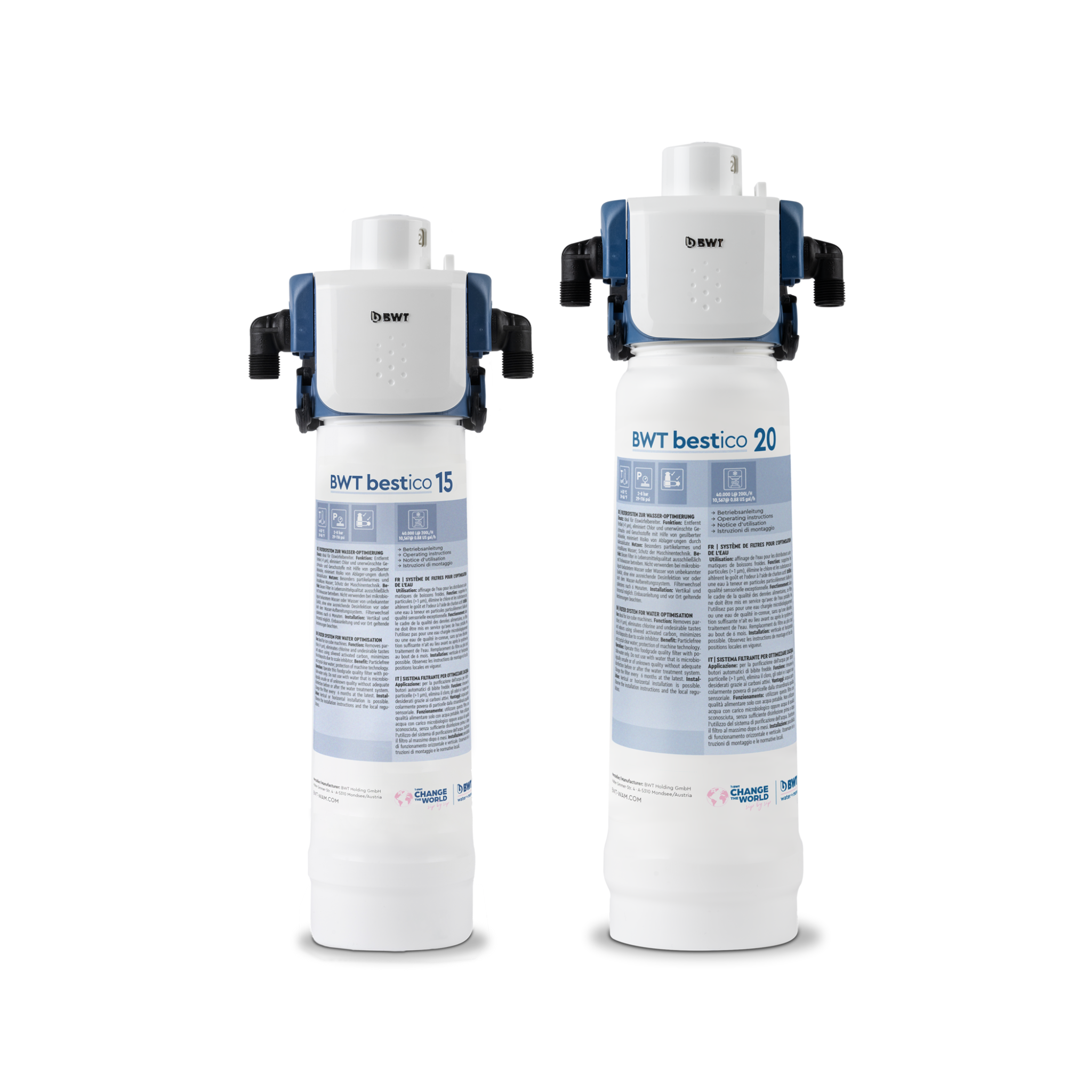 Two water filter cartridges labeled 'BWT bestico' on a white background | 125596401 | 125596403