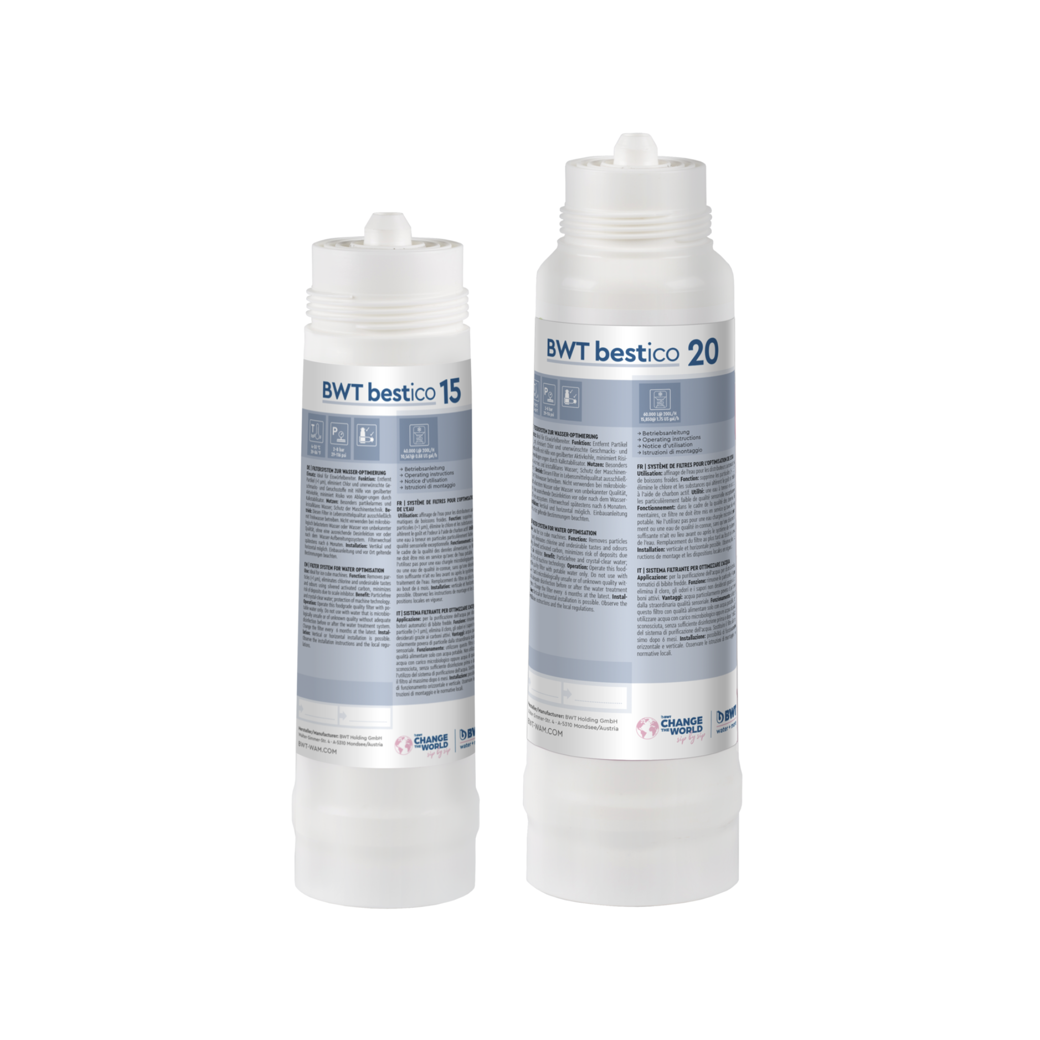Two BWT bestico water filter cartridges on a white background - 125596401 | 125596403