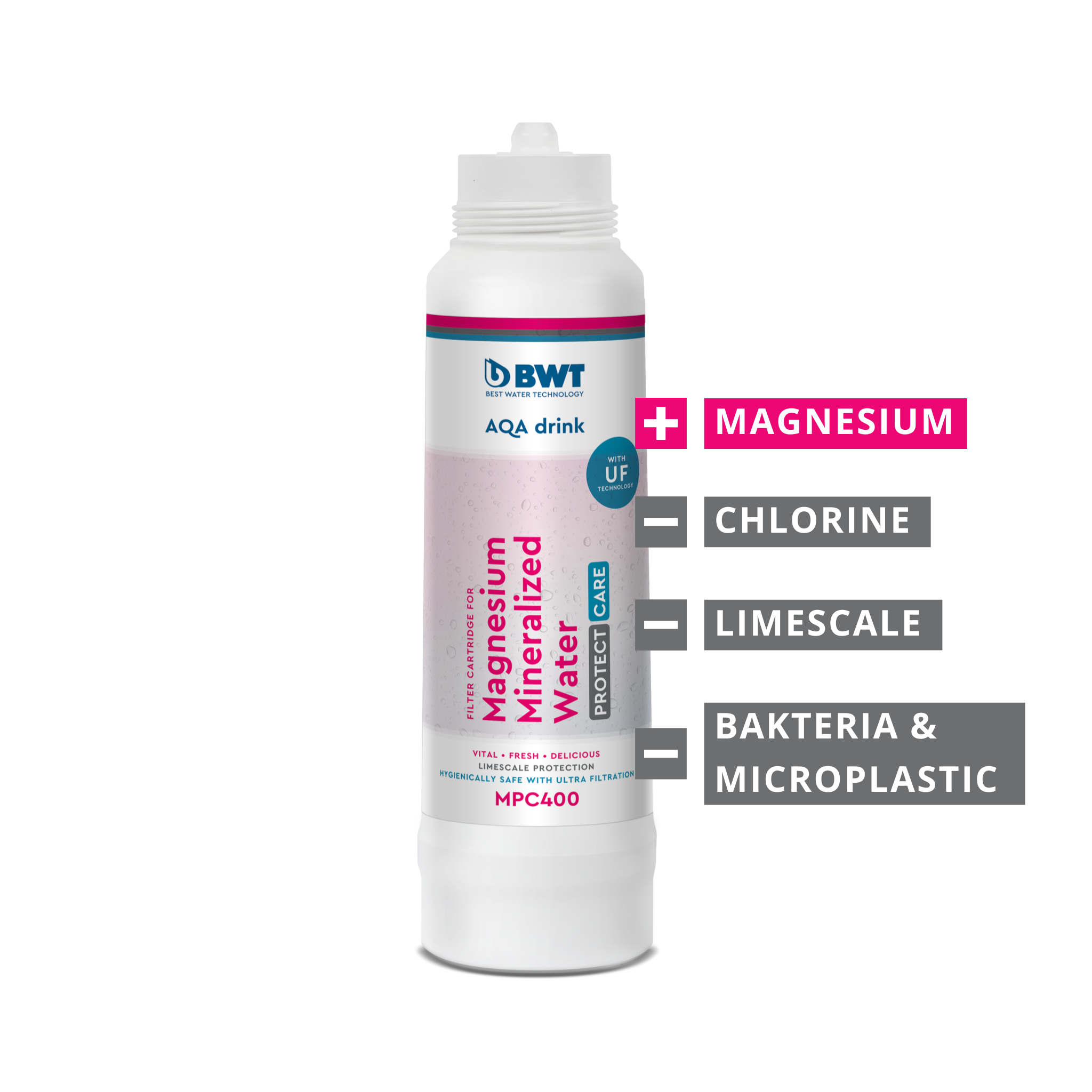 BWT AQA drink Magnesium Mineralized Water Protect Care (MPC) | + Magnesium; - Chlorine; - Limescale; - Bacteria; - Microplastics