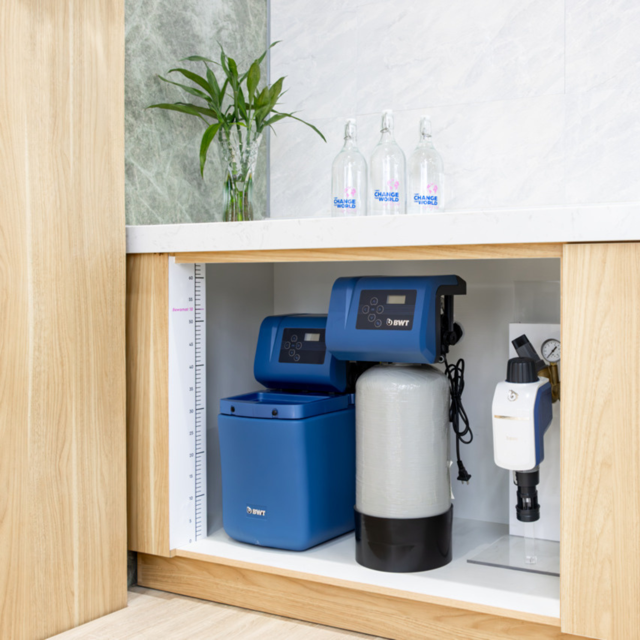 BWT Bewamat 10A 12563 Blue water treatment device, softener with digital display on a white background