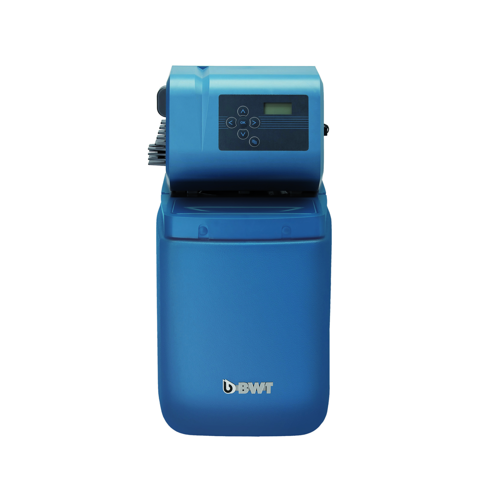 BWT Bewamat 10A 12563 Blue water treatment device, softener with digital display on a white background