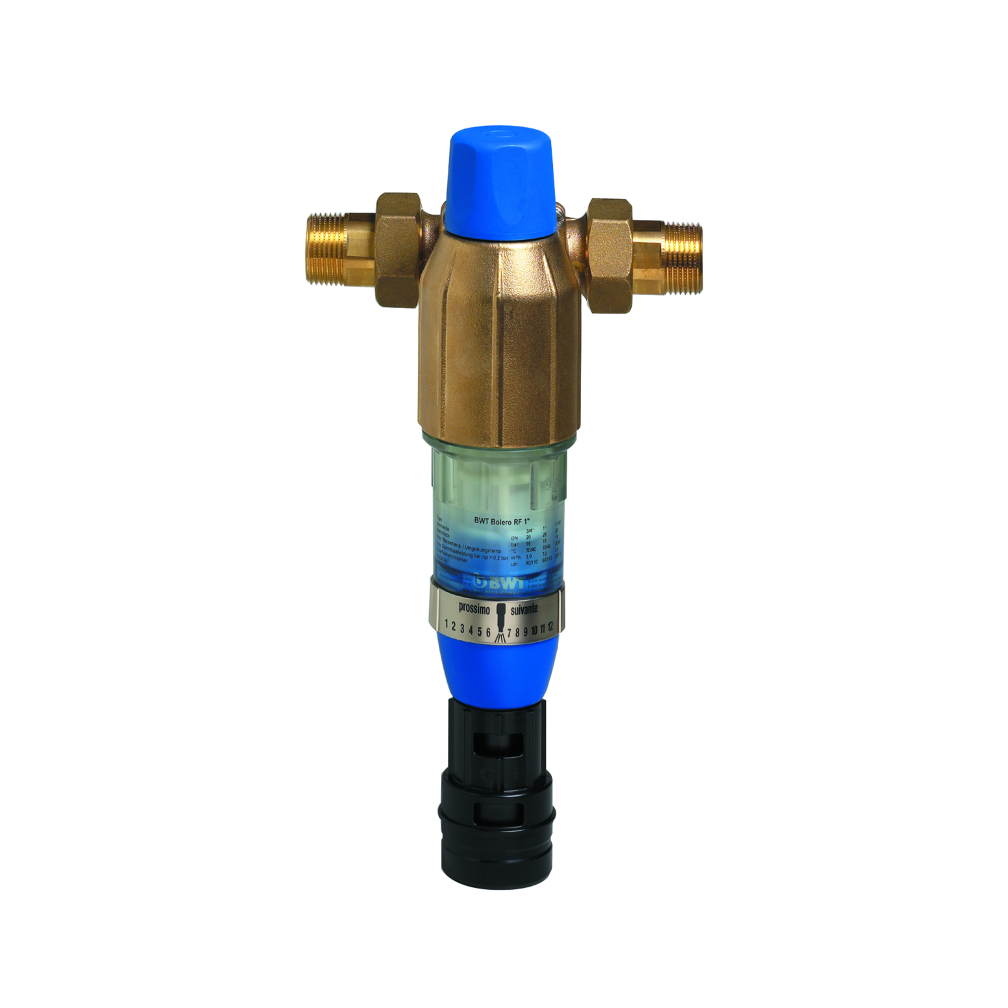 BWT Bolero 2-phase Brass water filter with blue accents on a white background
