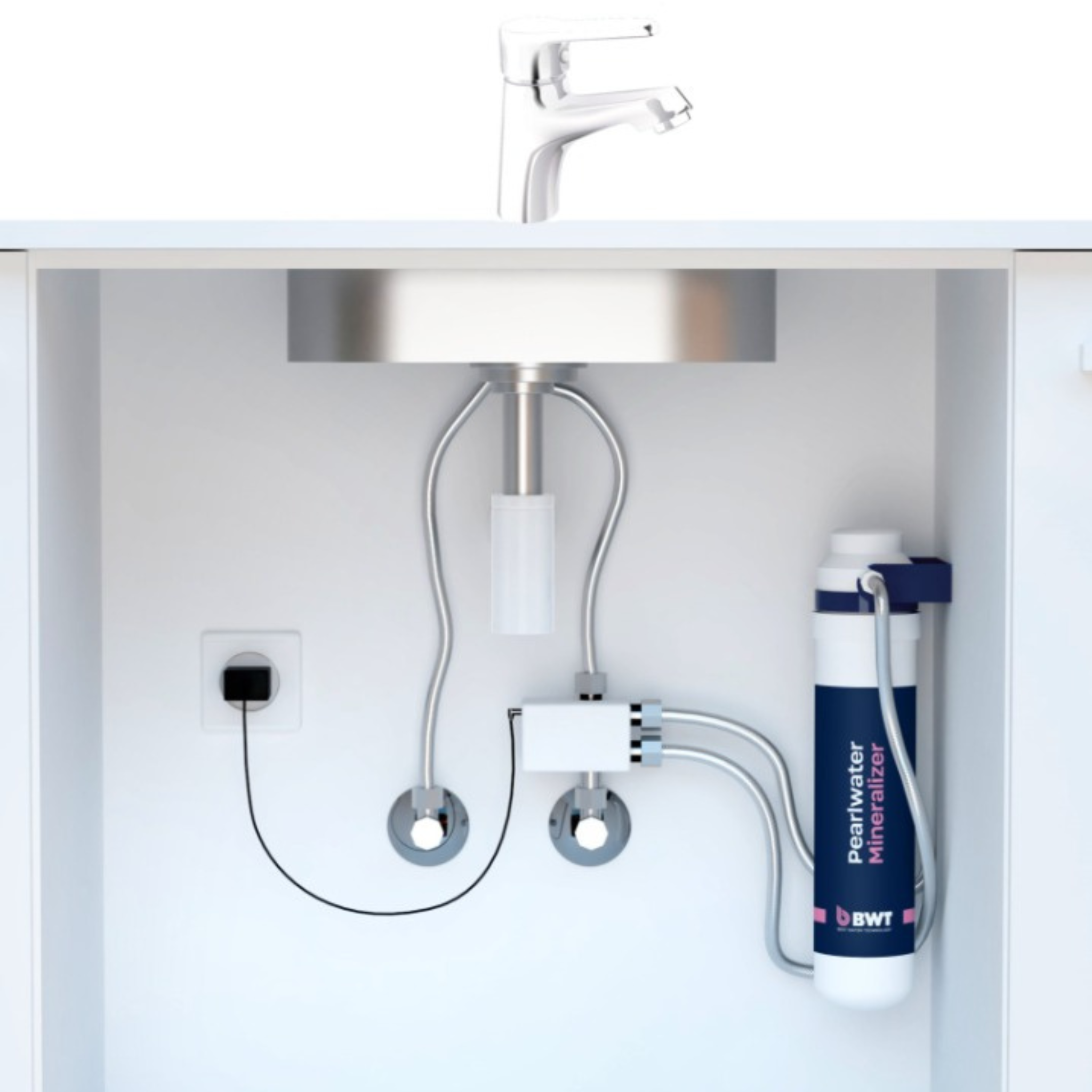 BWT mixxo water filter installed under a kitchen sink with visible branding.