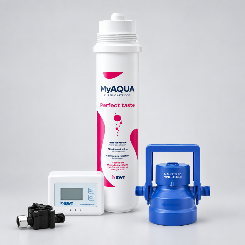 BWT MyAQUA Perfect Taste Starter kit 650L with filter head, AQA monitor and filter cartridge.