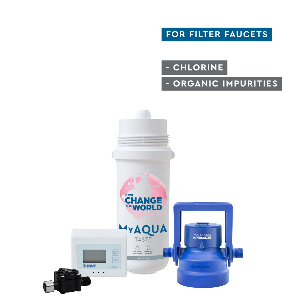 BWT MyAQUA Taste Starter Kit with filter head, AQA monitor and filter cartridge.