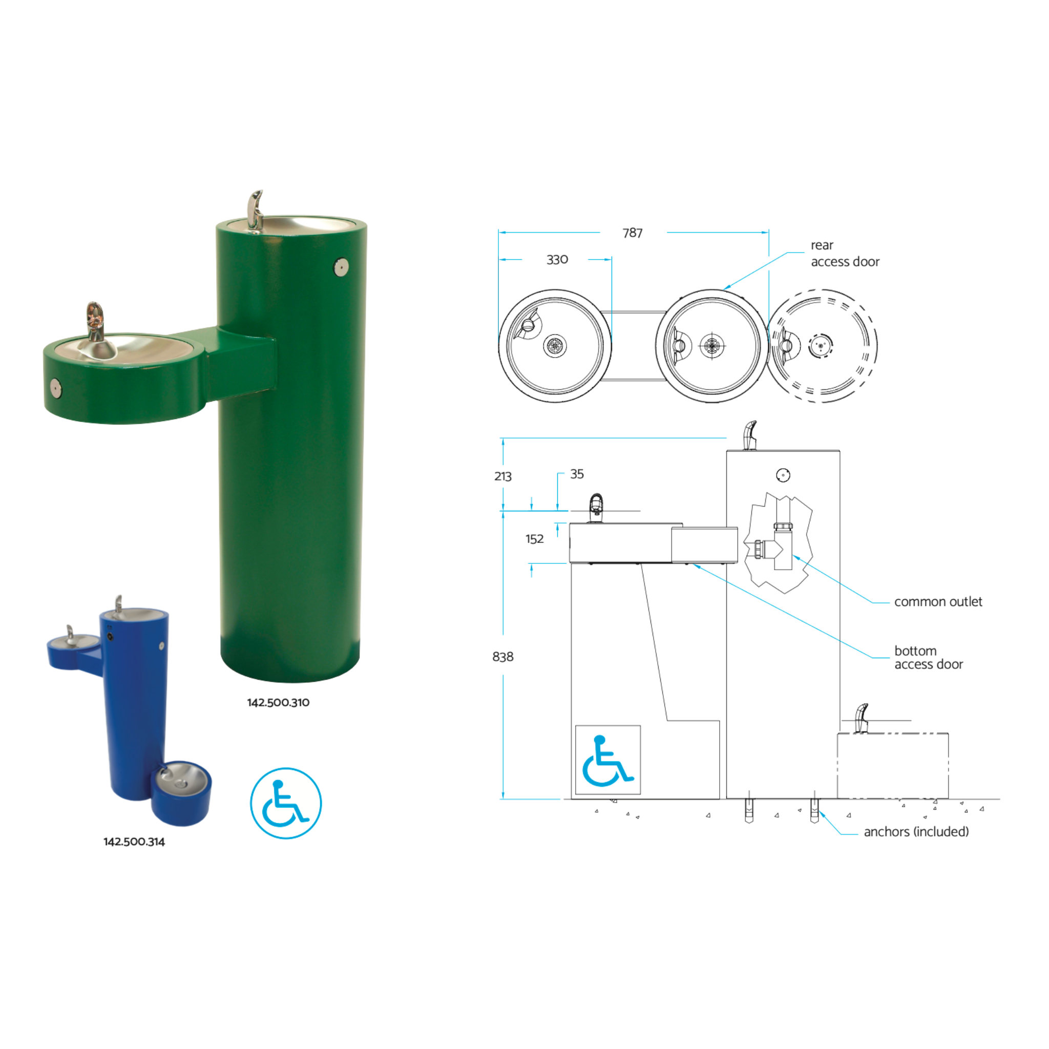 GRM | 142.500.310 | Bi-Level, Pedestal Outdoor Drinking Fountain - ADA, Stainless Steel