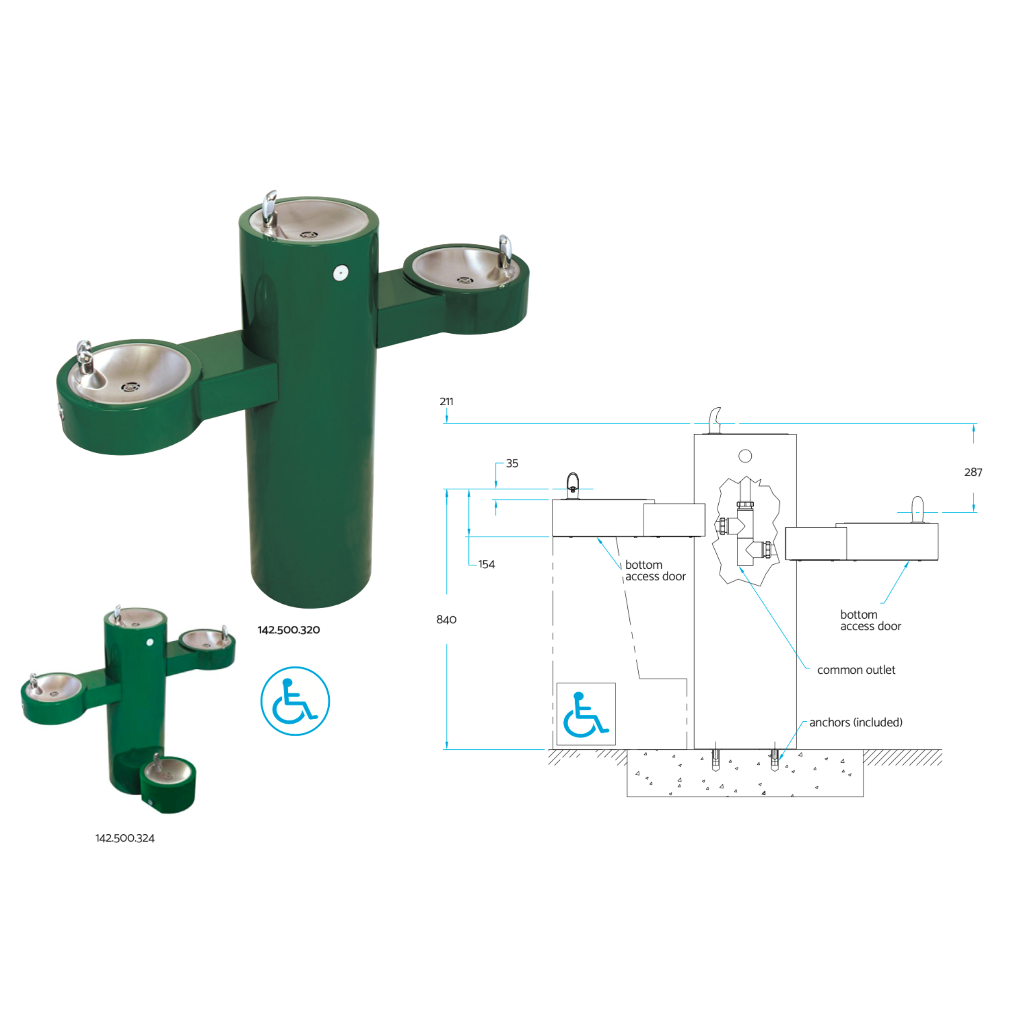 GRQ | 142.500.320 | Barrier-Free Tri-Level Round Stainless Steel Pedestal Drinking Fountain