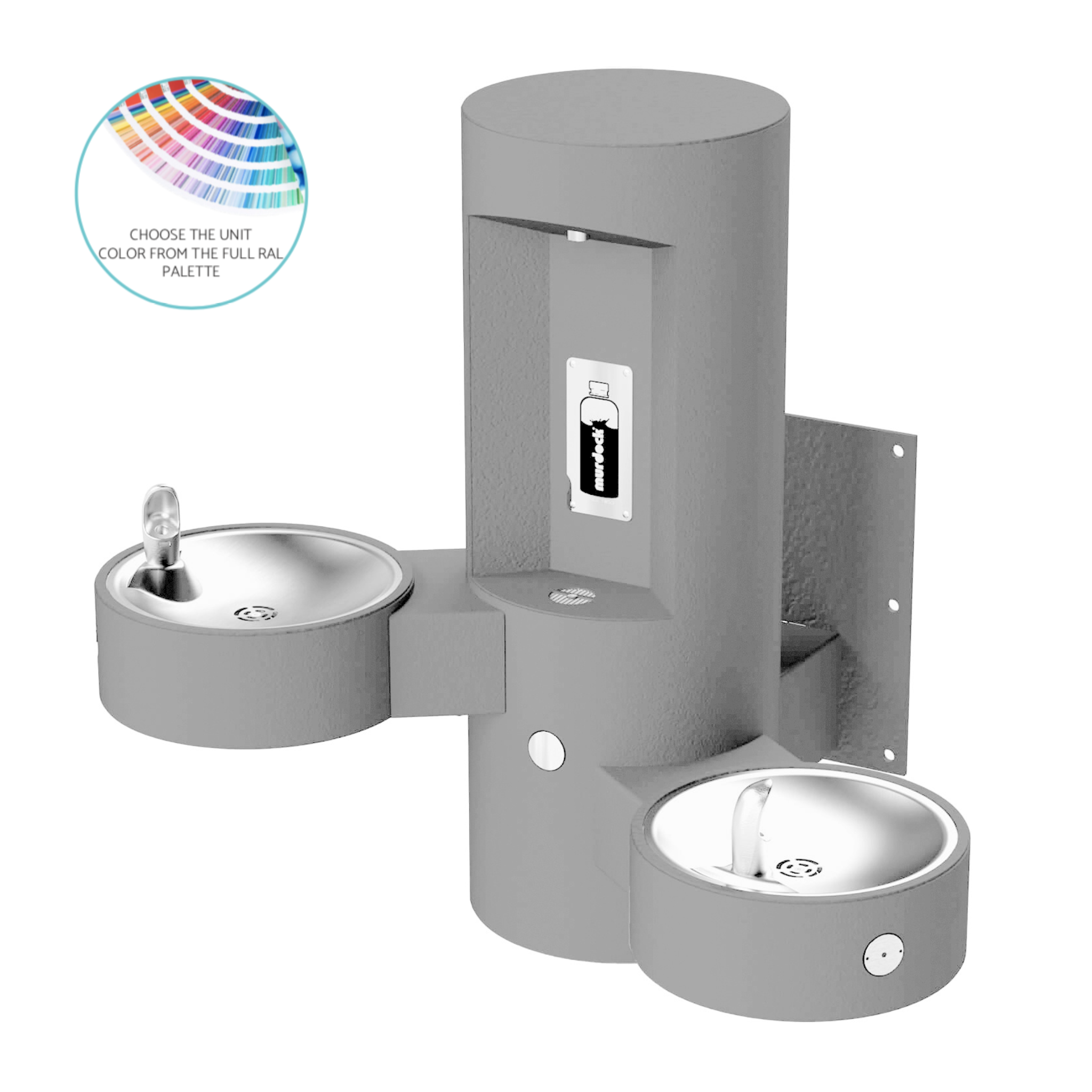 GYE24 | 142.500.928 | Wall Mounted Bottle Filler with Two Drinking Fountains