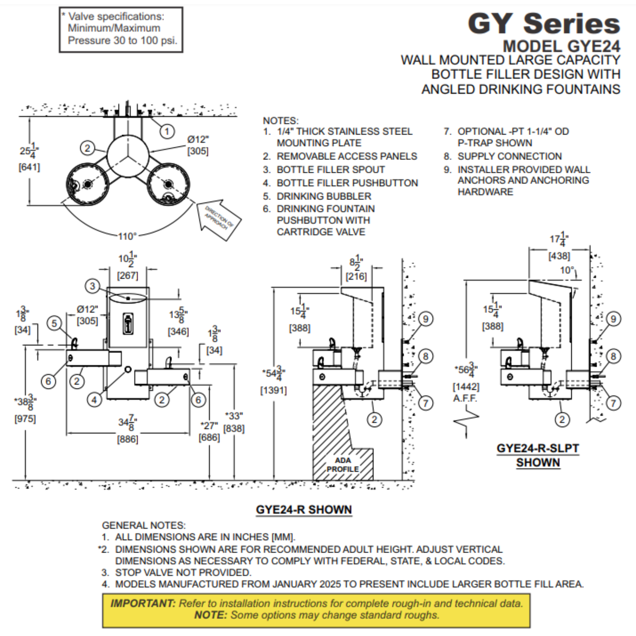 GYE24 | 142.500.928 | Wall Mounted Bottle Filler with Two Drinking Fountains