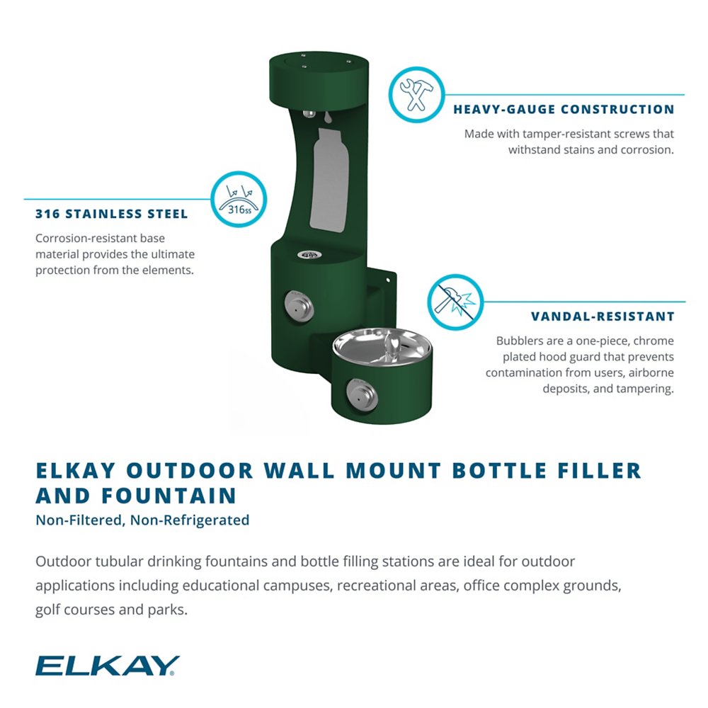 LK4408BFEVG | Elkay Outdoor ezH2O® Bottle Filling Station Wall Mount with Single Fountain Non-Filtered Non-Refrigerated Evergreen