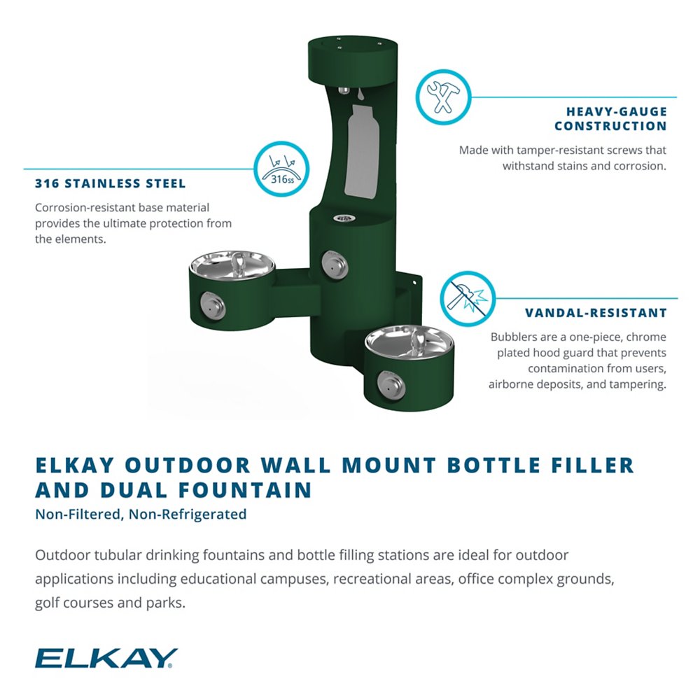 LK4409BFEVG | Elkay Outdoor ezH2O® Bottle Filling Station Wall Mount with Bi-Level Fountain Non-Filtered Non-Refrigerated Evergreen