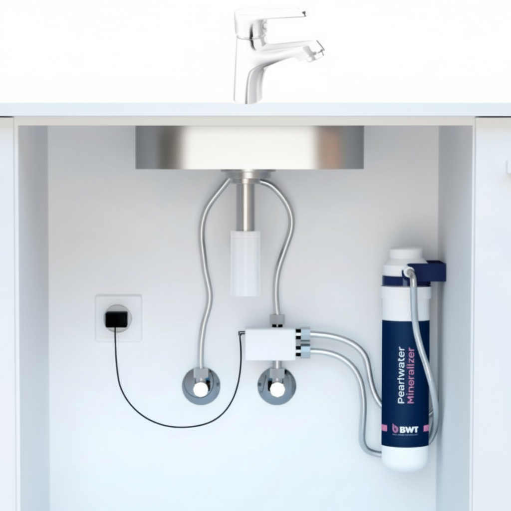 BWT mixxo water filter installed under a kitchen sink with visible branding. BWT MIXXO (installation-set) | 125642086