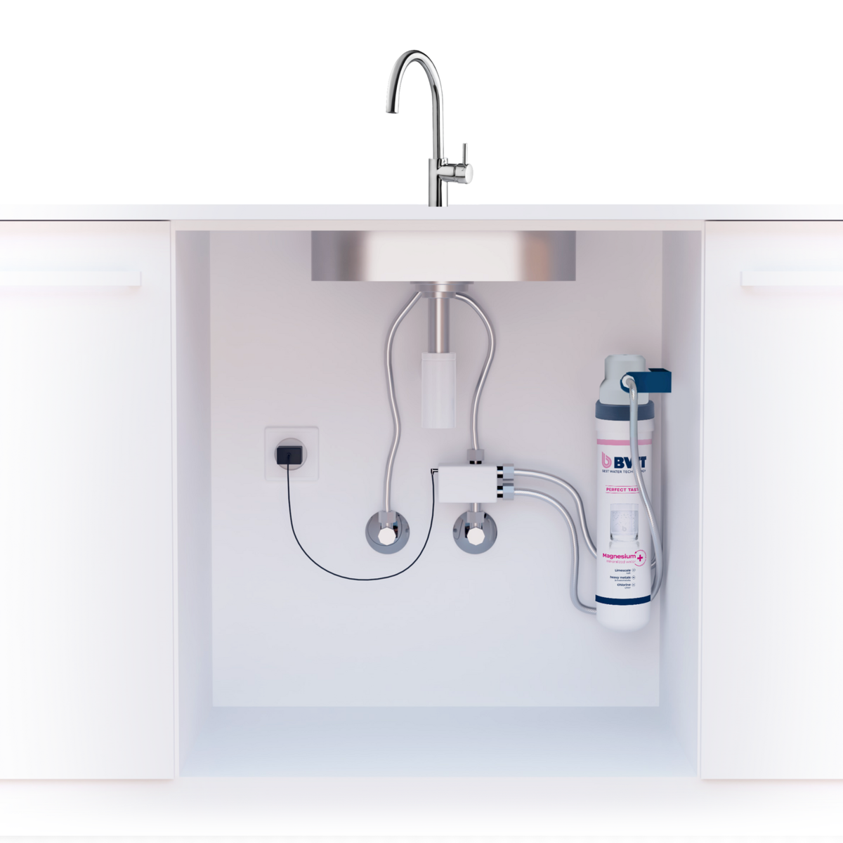 A countertop sink faucet installed above a cabinet opening, showing the plumbing and a water filter system BWT MIXXO starter kit - MyAQUA Perfect Taste. The setup is photographed against a clean white background.