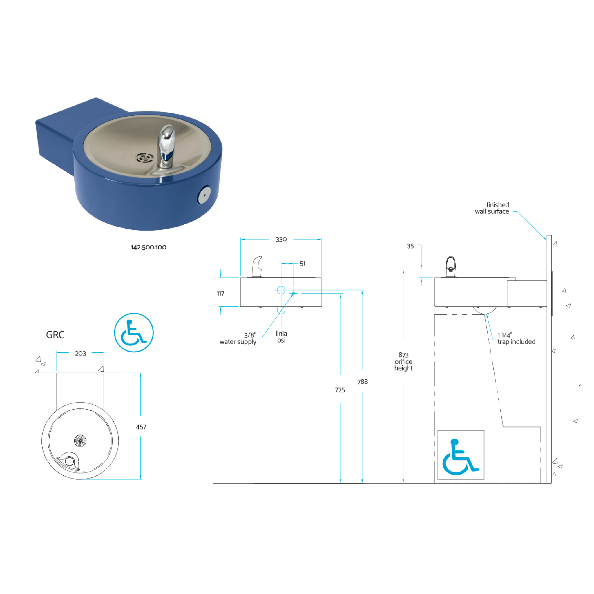GRC | 142.500.100  | Round Stainless Steel Wall-Mounted Drinking Fountain