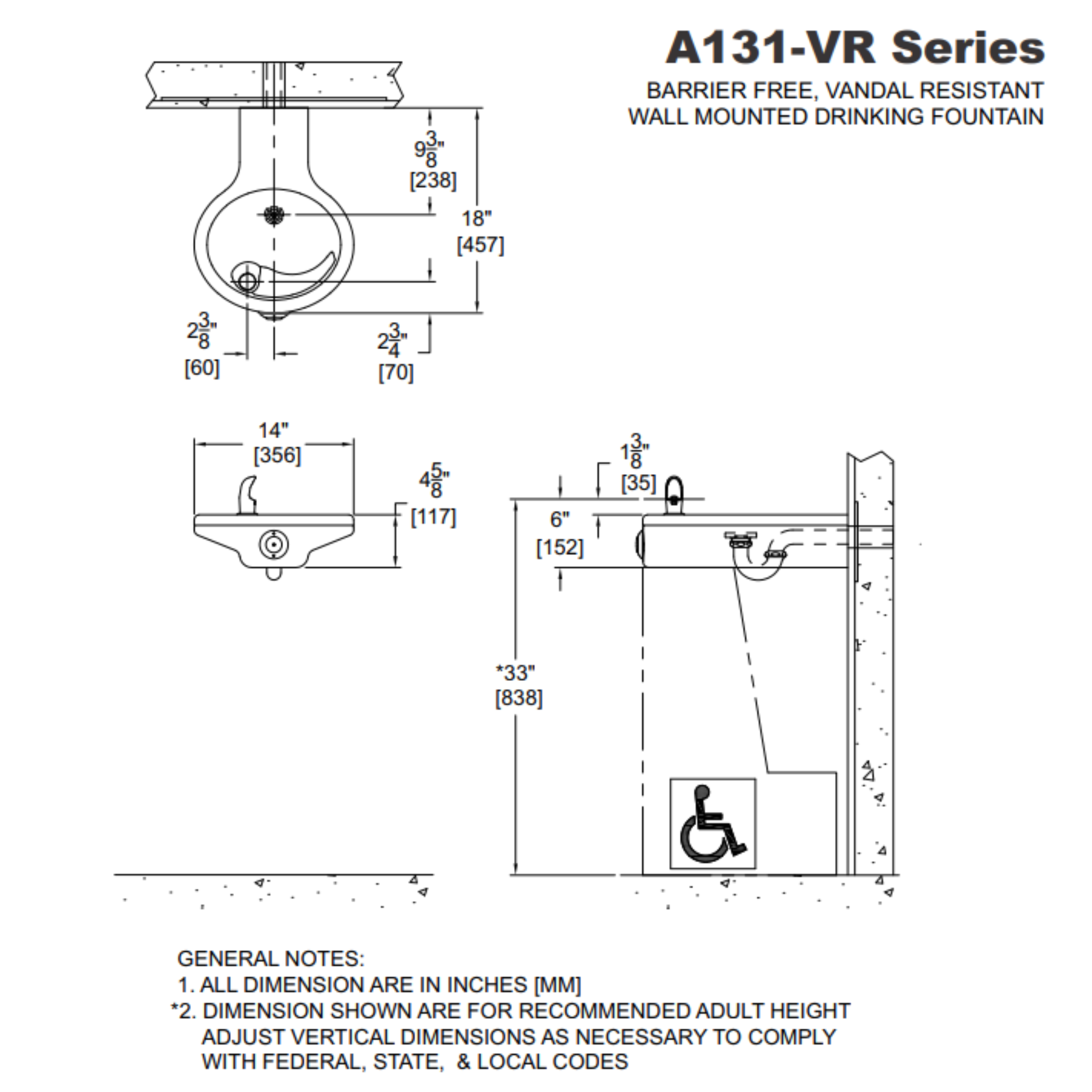 A131-INT-KIT | 142.700.001 | Vandal-Resistant, Wall-Mounted, Oval Drinking Fountain - Non-Refrigerated, ADA, Stainless Steel