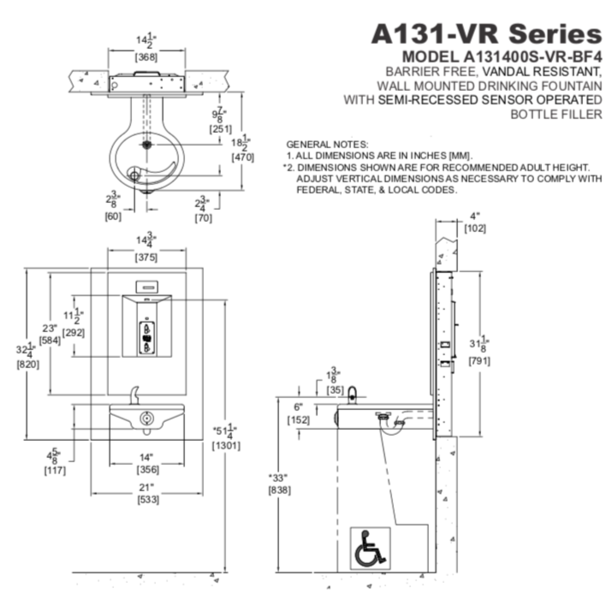 A131400S-VR-BF4 | 142.700.004 | Vandal-Resistant, Wall-Mounted, Oval Drinking Fountain with Touchless Water Bottle Filling Station - Non-Refrigerated, ADA, Stainless Steel